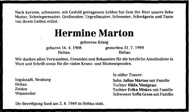 Koenig Hermine 1908-1989 Todesanzeige